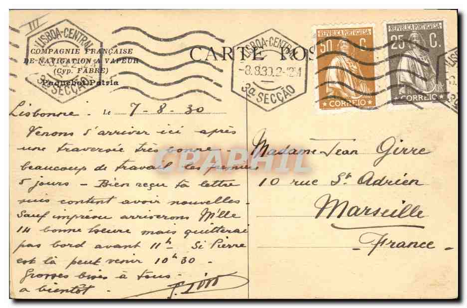 Paquebot Patria — Compagnie Française de Navigation à Vapeur — éditeur CPDA-CENTRAL — Verso