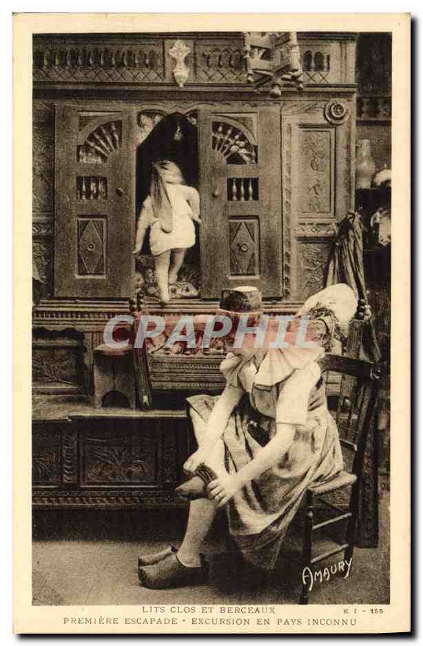 CPA Folklore Lits clos et berceaux Premiere escapade Excursion en pays inconnu Enfant 