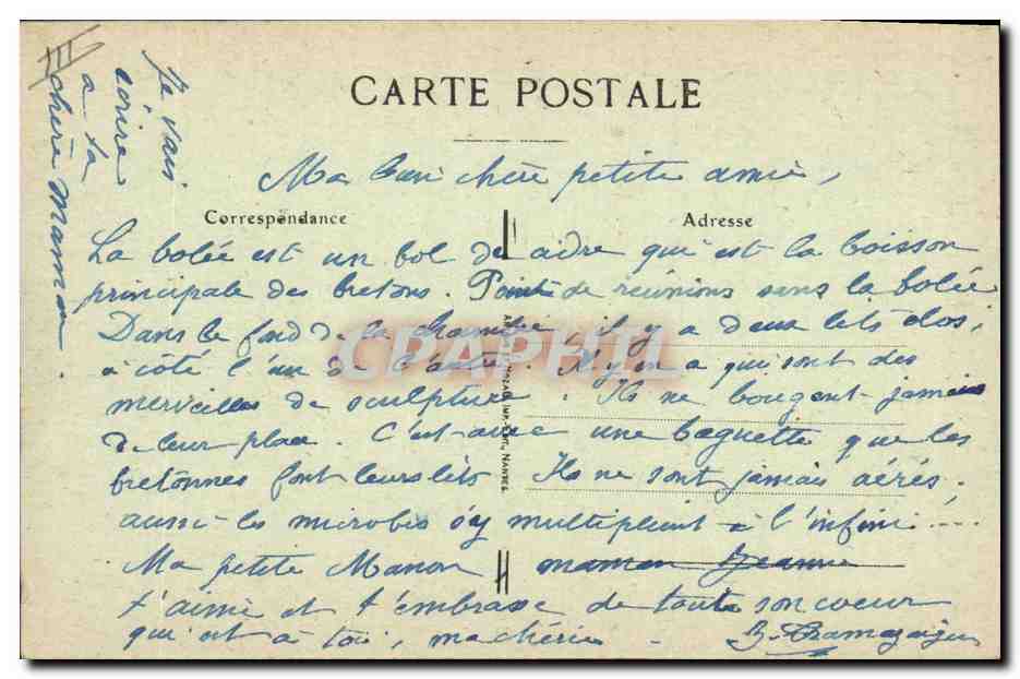 CPA Folklore Autour des lits clos bretons La bomee d'adieu Marin Militaria  — Verso