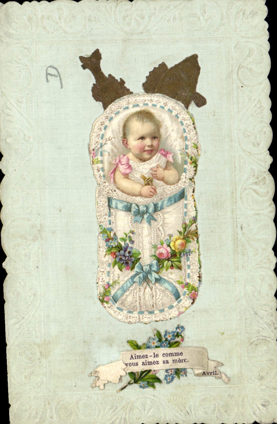 Bébé dans un berceau décoré — Aimez-le comme vous aimez sa mère. — Imprimés par A. Avril