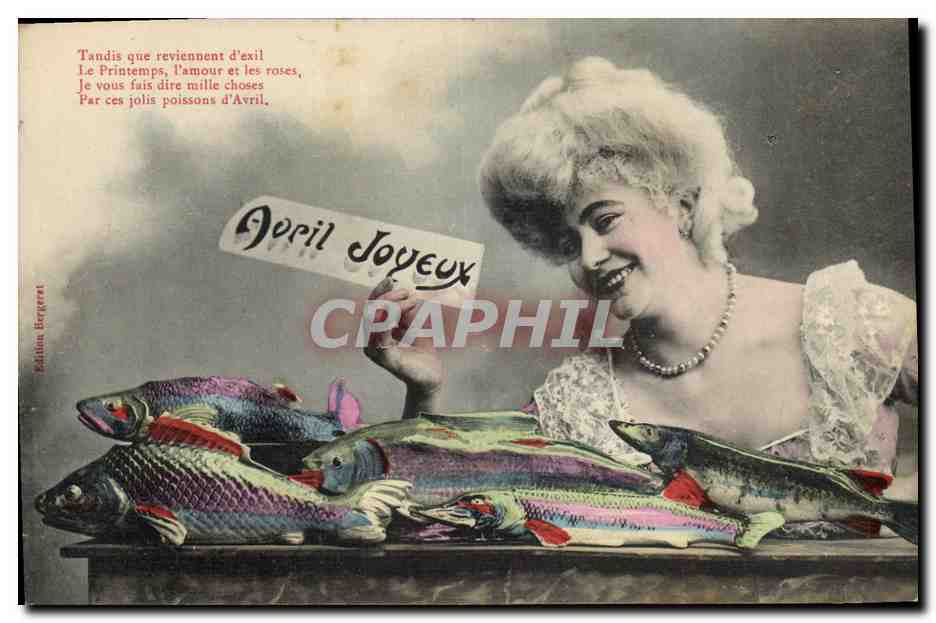 Femme souriante avec poissons colorés — 'Avril Joueux' — Édition Bergerat