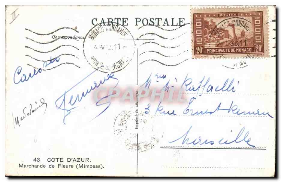 CPA Cueillette Cote d'Azur Marchande de fleurs Mimosas  — Rückseite