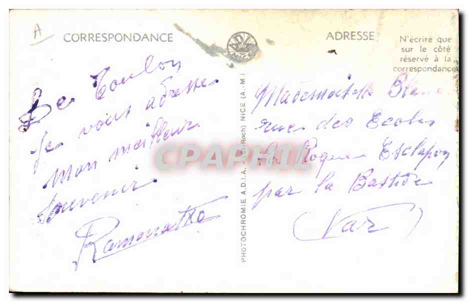 La Côte d'Azur — Champ de Narcisses — Photochromie A.D.I. n°13313 — Verso