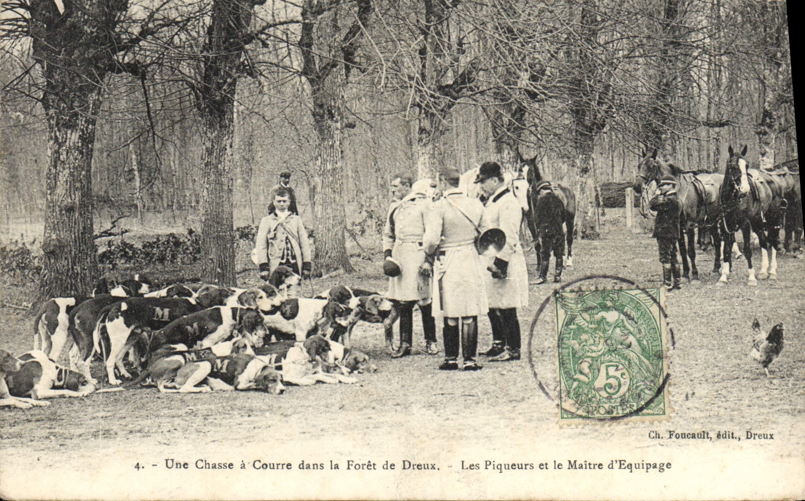 Caza a campo abierto en la Selva de Dreux — Los Piqueurs y el Jefe de Equipo — Ch. Foncault, editor, Dreux