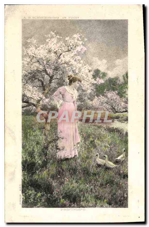 Femme en robe rose sous un cerisier en fleurs — A. G. Glundenning de Pinky — série Printemps