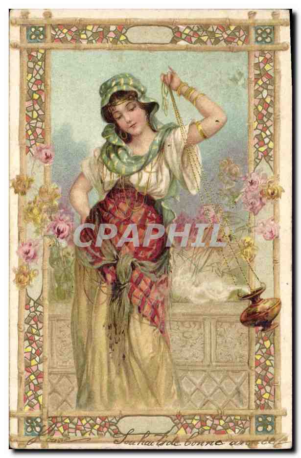 Femme orientale — avec rosiers — éditeur anonyme
