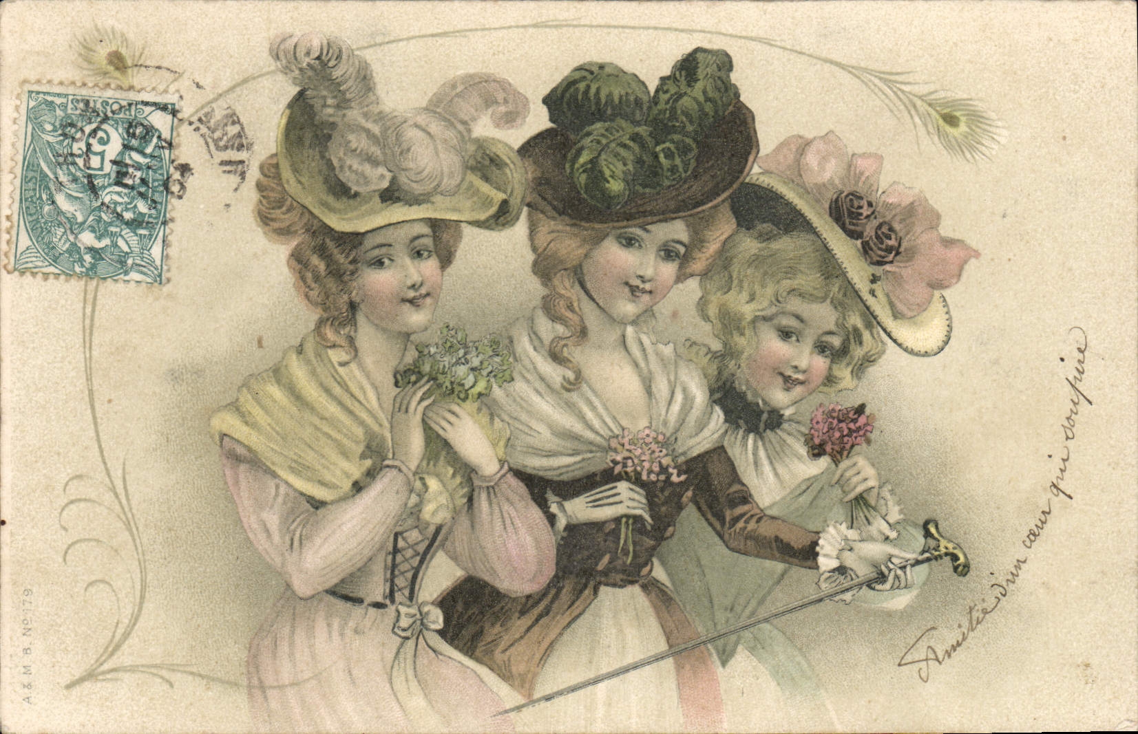 Trois jeunes femmes en tenue de bal — A&M B. N°79 — éditeur A&M B.