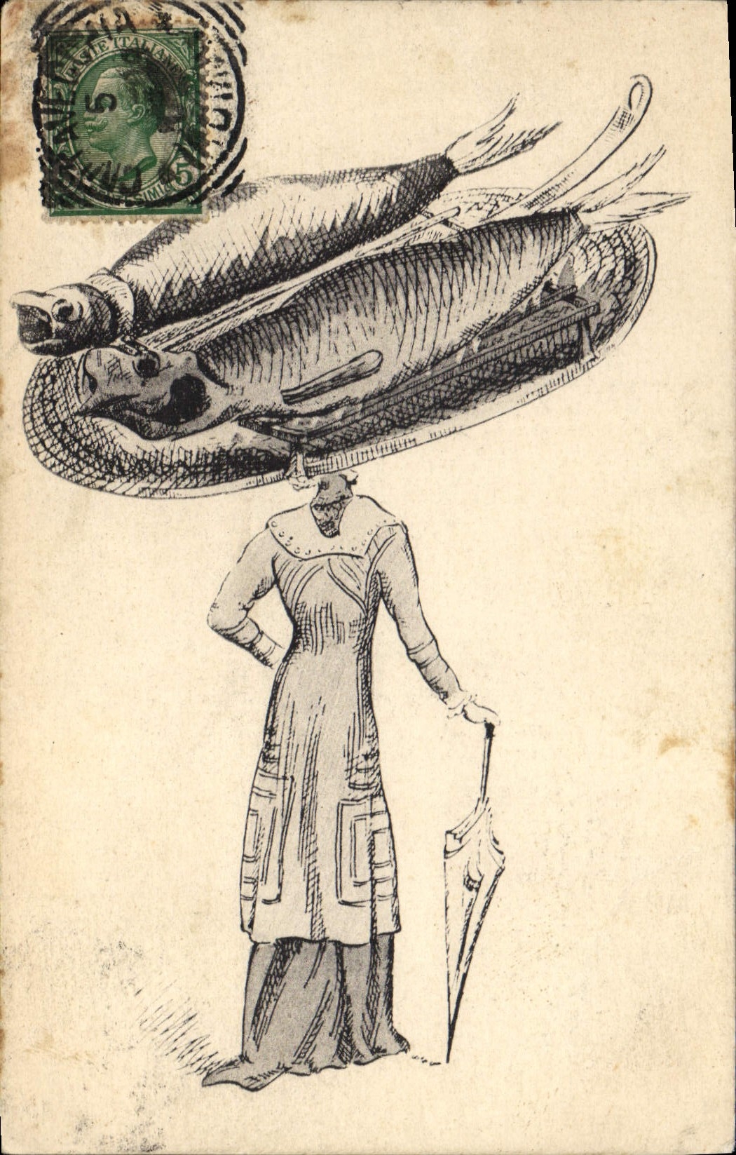 CPA Fantaisie Femme Chapeau Poissons