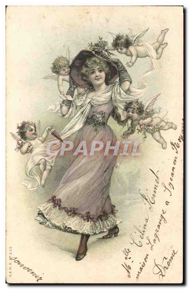 Femme entourée de cupides — souvenir — éditeur non identifié, n° de série non lisible