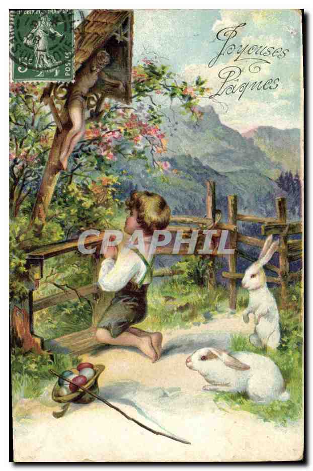 CPA Fantaisie Enfant Lapins Paques 