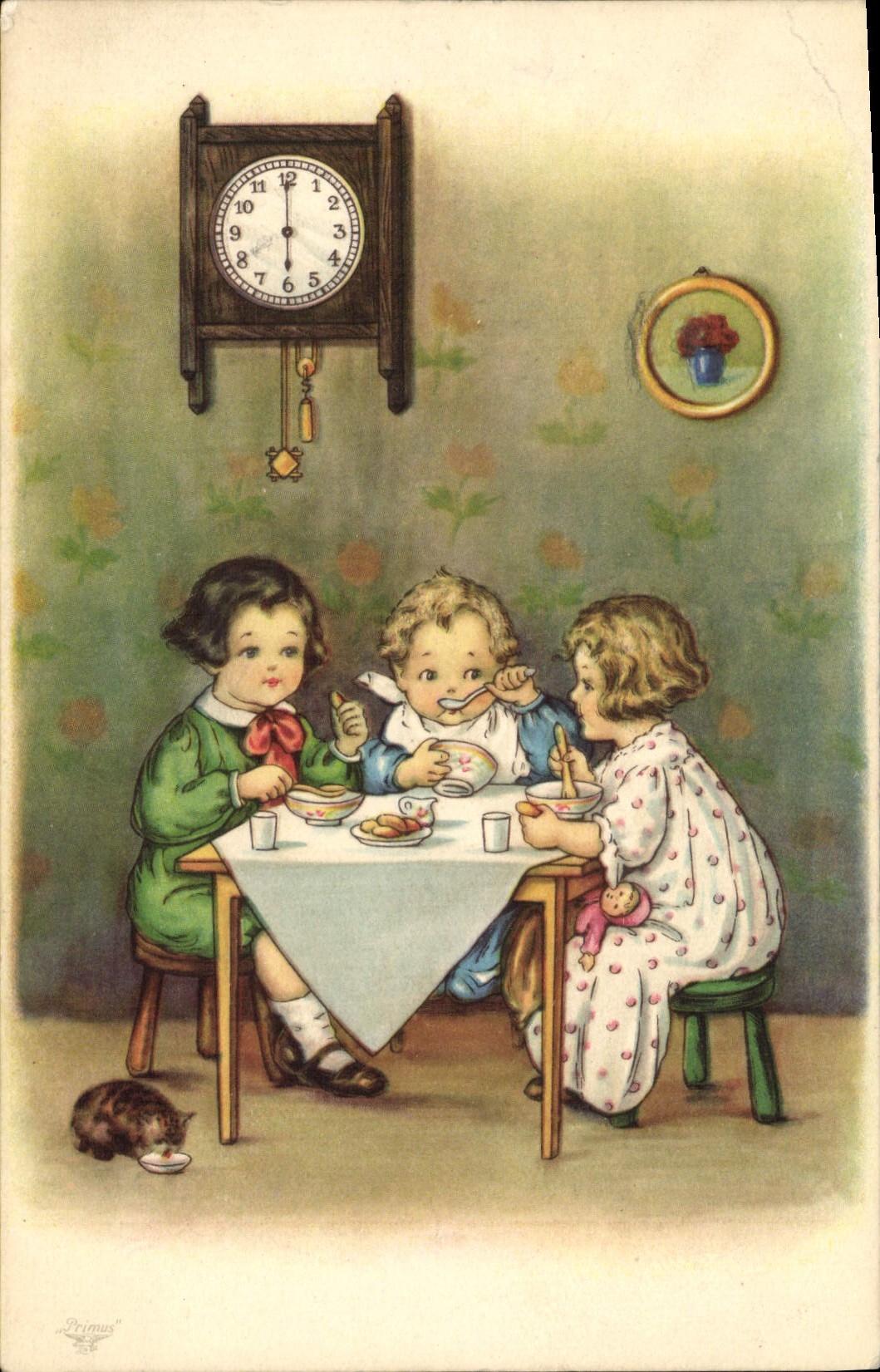 CPA Fantaisie Enfants Horloge Chat Chaton 