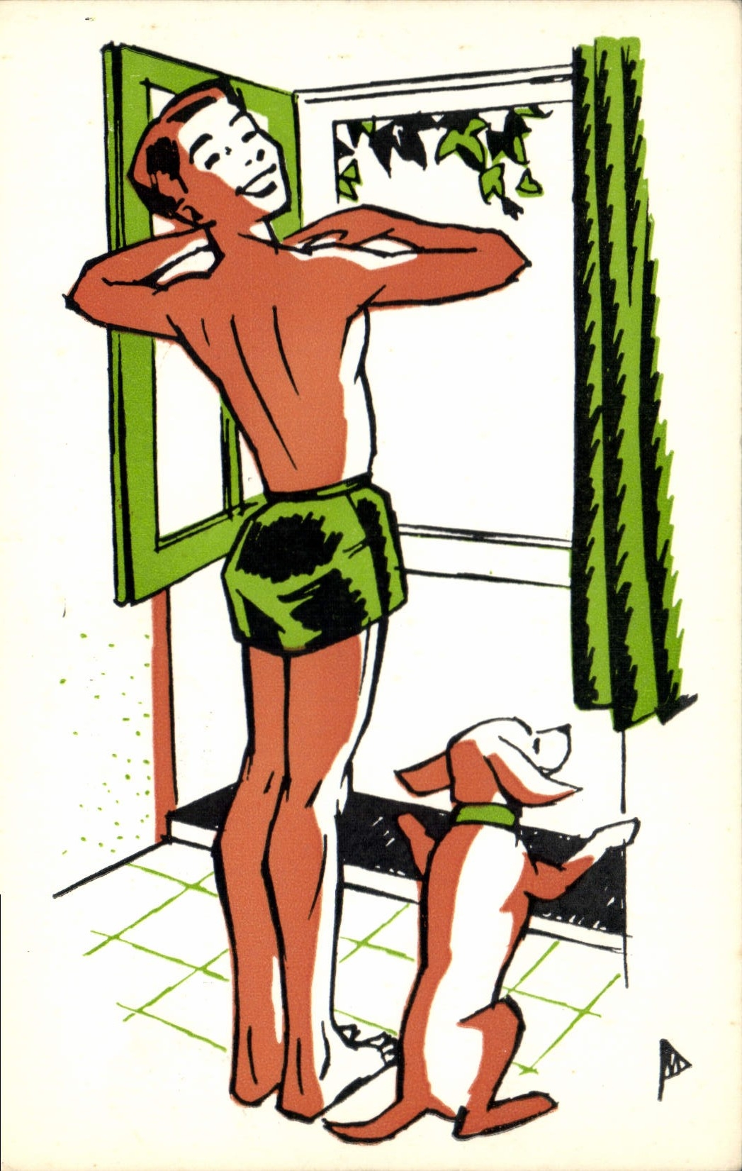 Jeune homme en short vert et chien — illustration — CPAPHIL n°1