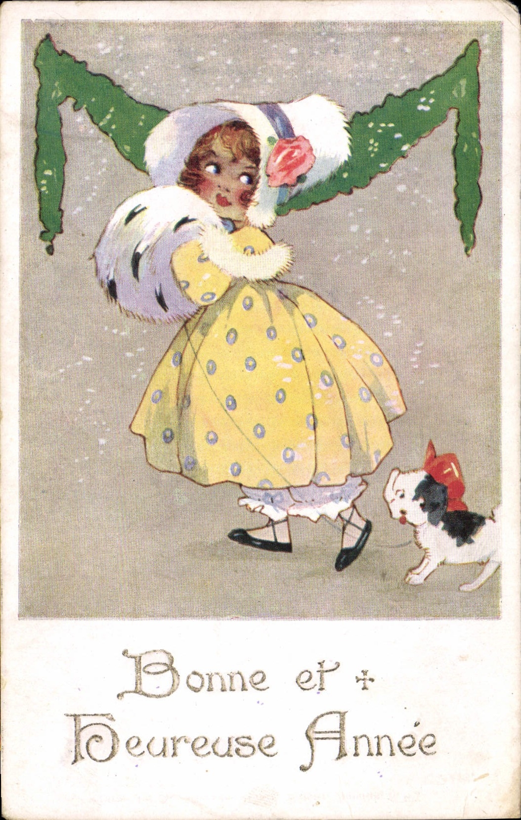 CPA Fantaisie Femme Bonne et heureuse annee Chien 
