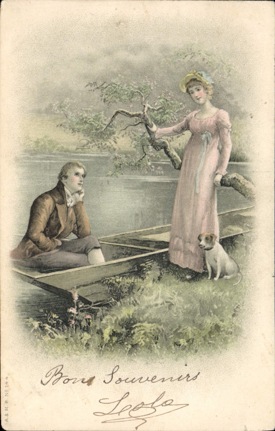 Jeune homme et jeune femme près d'un lac — A.&M.B. N° 144 — A.&M.B. N° 144
