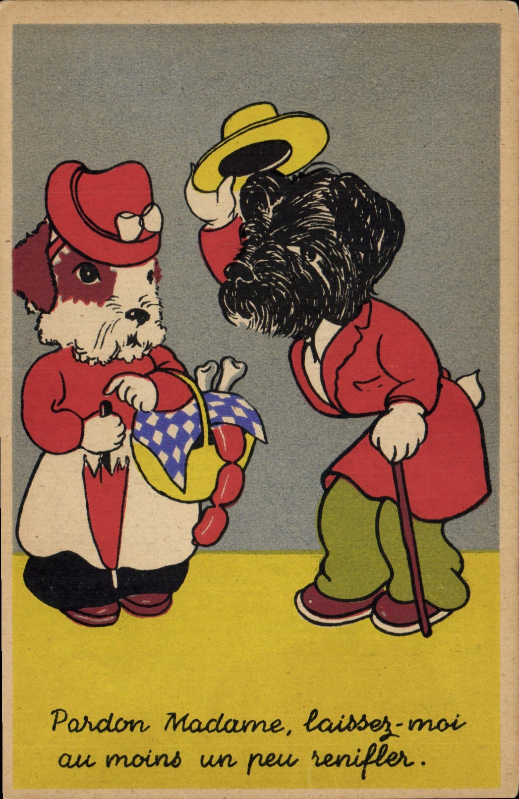 Deux chiens en tenue de ville — scène humoristique — Éditions Rhodania, n° 9070