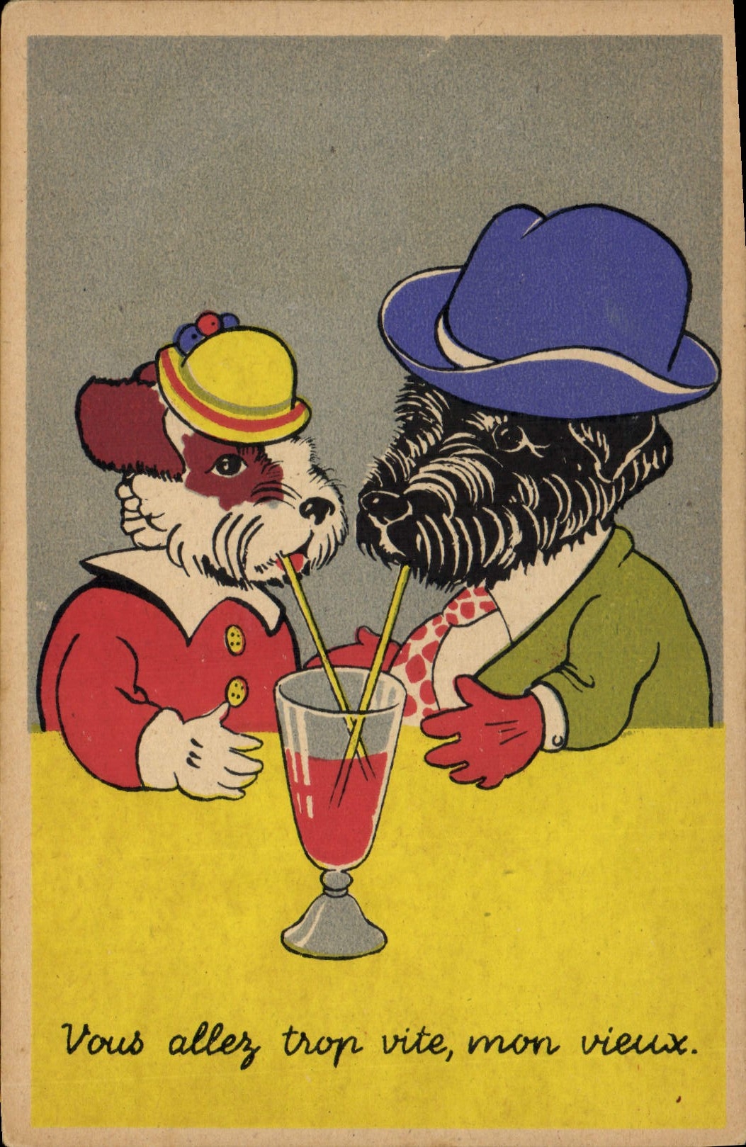 Deux chiens en tenue de soirée partageant un cocktail — Éditions Rhodania, n° 9070