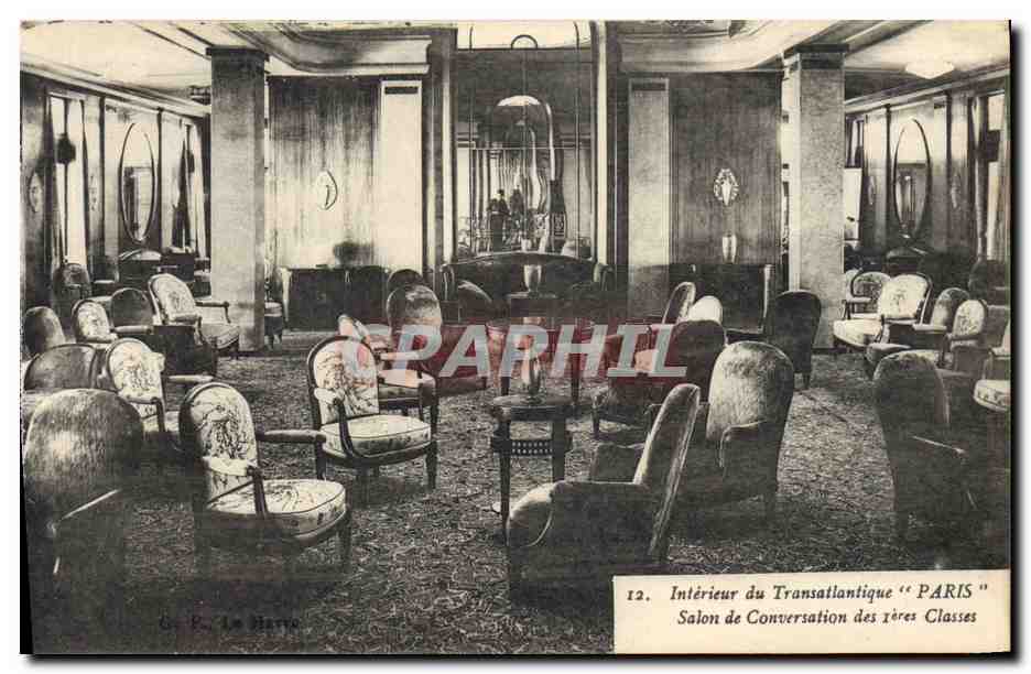 Intérieur du Transatlantique "PARIS" — Salon de Conversation des Très Classes — Éditeur G. E. Le Dantec, n°12