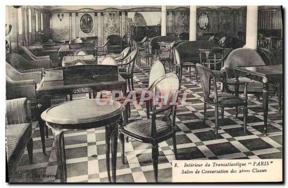 Intérieur du Transatlantique "PARIS" — Salon de Conversation des 2èmes Classes — Dr. F. Le Havre