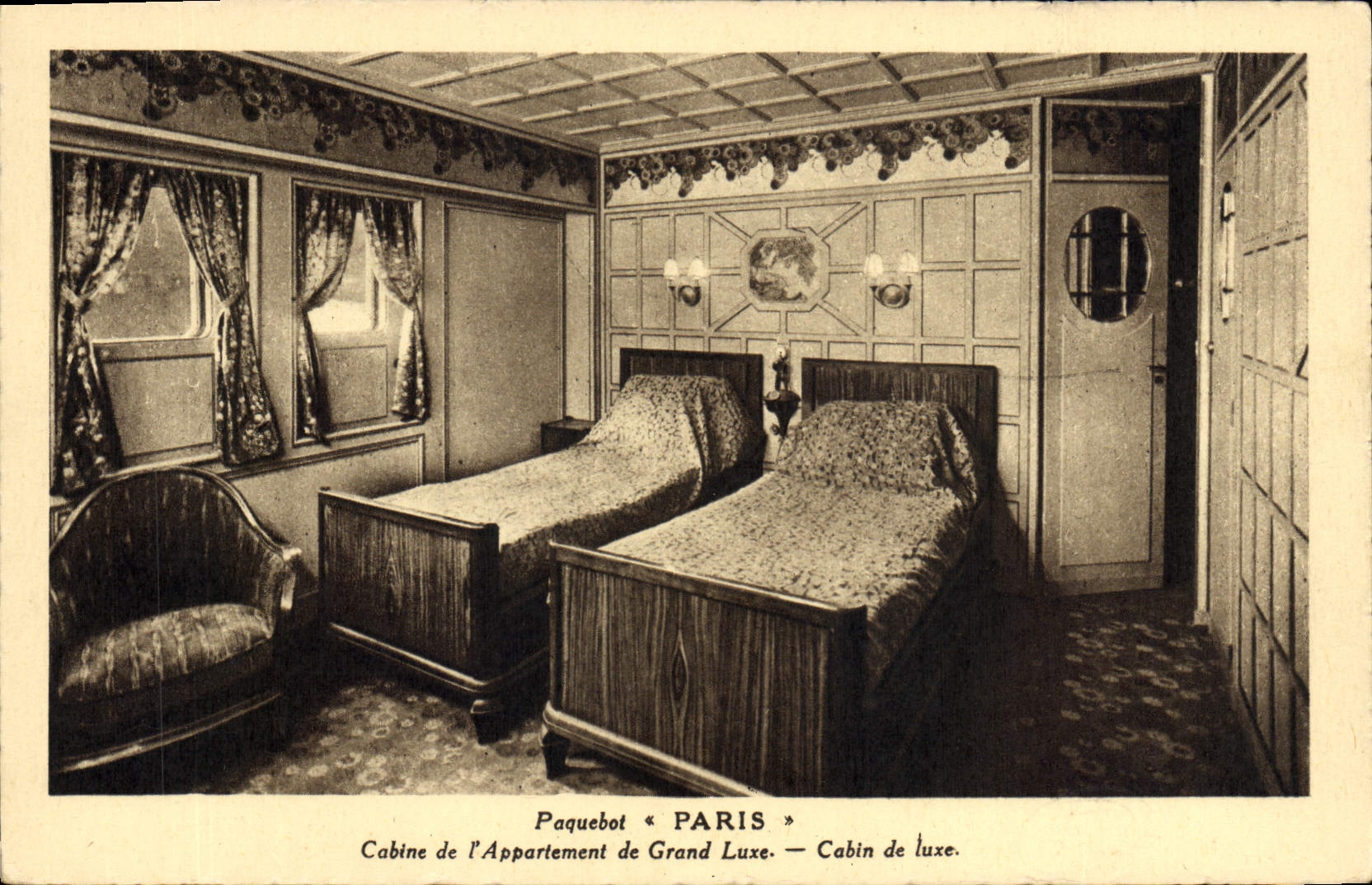 Cabine de l'Appartement de Grand Luxe — Paquebot « PARIS » — Cie Générale Transatlantique