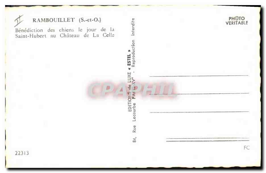 Bénédiction des chiens au Château de La Celle — Rambouillet (S.-et-O.) — Éditeur Estel, n° 22313 — Reverso