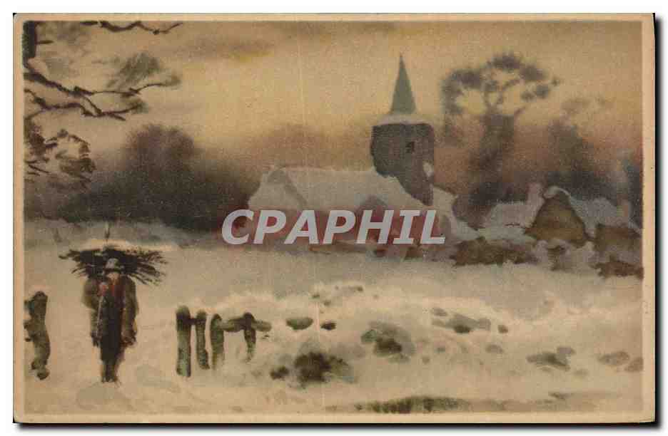 CPA Fantaisie Illlustrateur Village sous la neige 