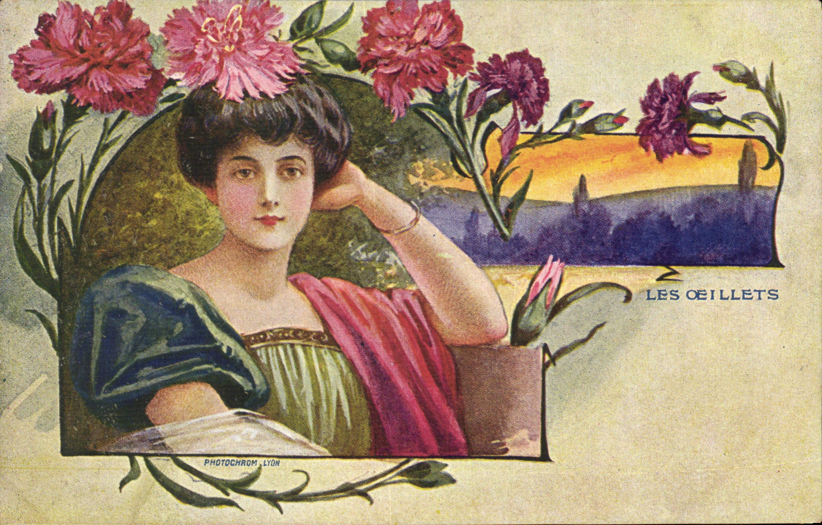CPA Fantaisie Illlustrateur Femmes Les oeillets 