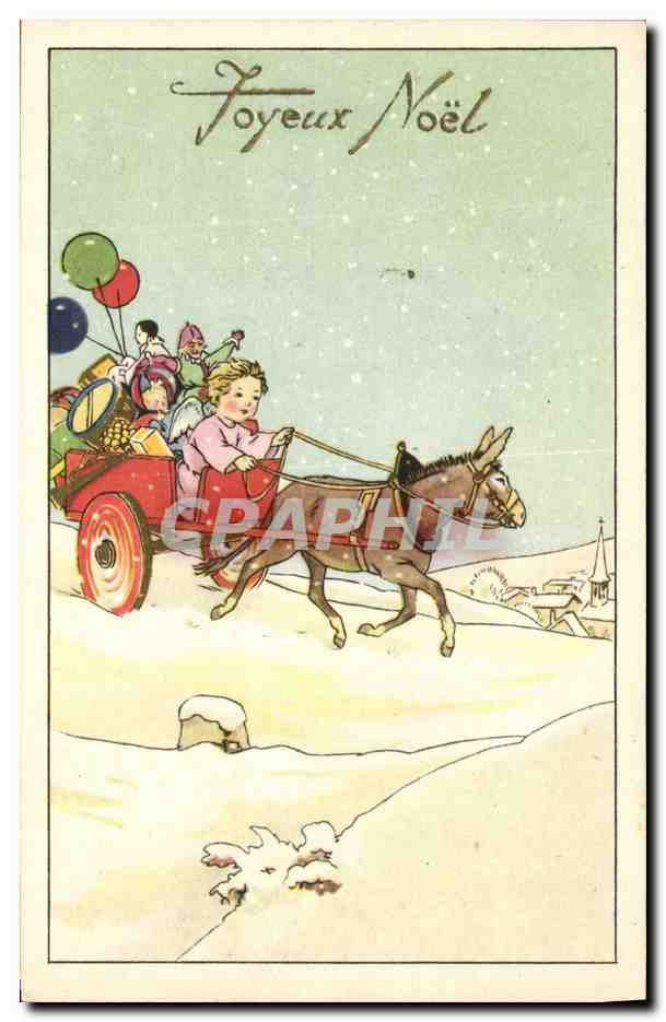 Enfants dans une charrette tirée par un âne — scène de Noël enneigée — éditeur non identifié, série 904/4