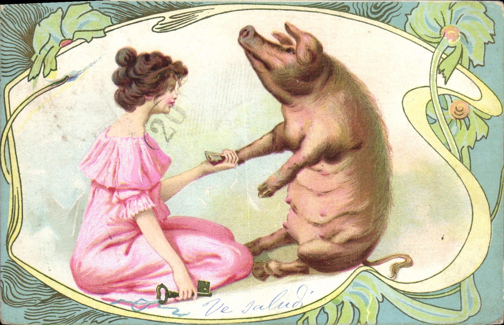 Femme et cochon — scène humoristique — éditeur inconnu