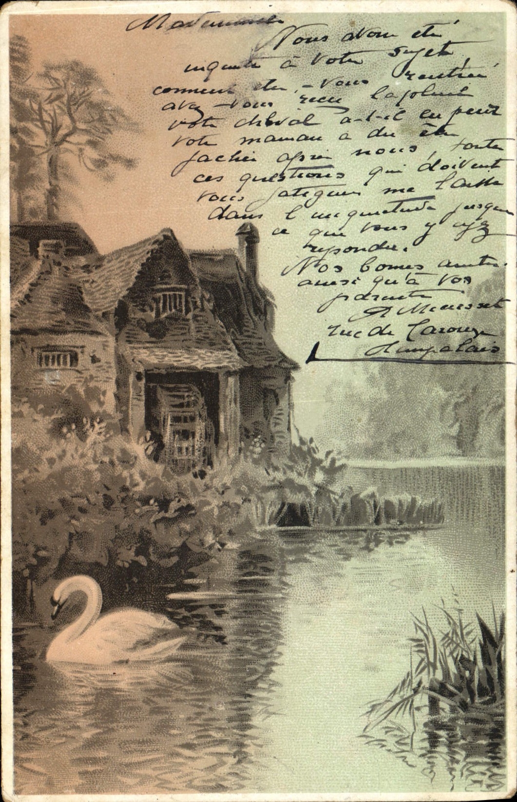 CPA Fantaisie Illlustrateur Moulin a eau Cygne 