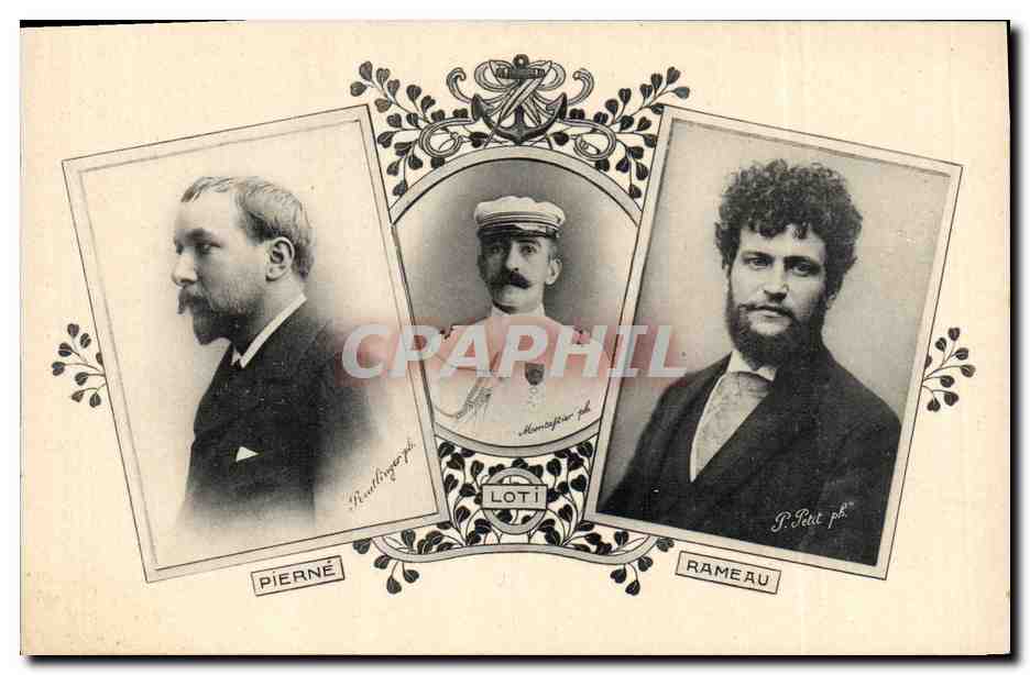 Portrait de trois hommes — Pierné, Loti, Rameau — éditeur P. Petit ph. et Roudling ph.