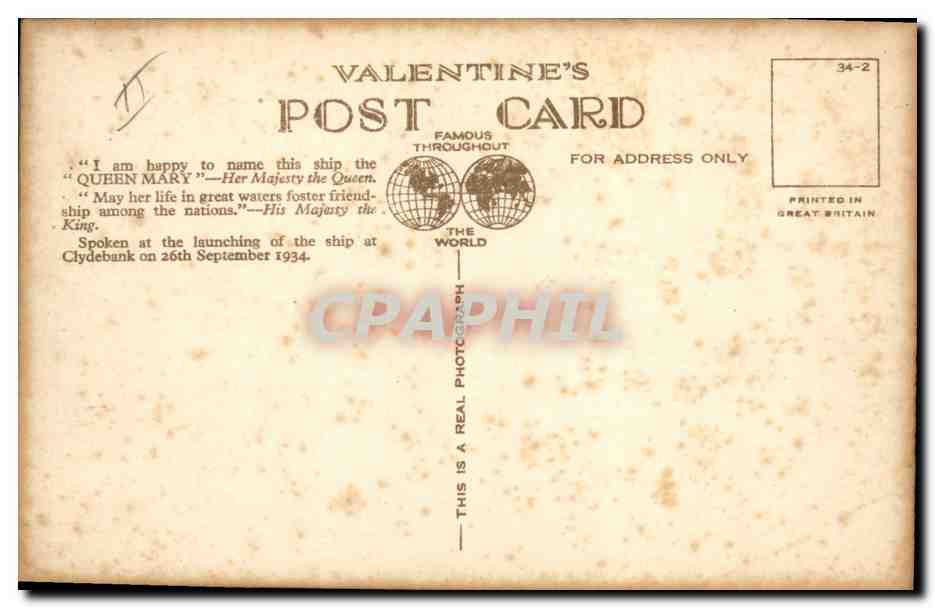 CPA Bateau Paquebot Cunard White Star Liner Queen Mary  — Verso
