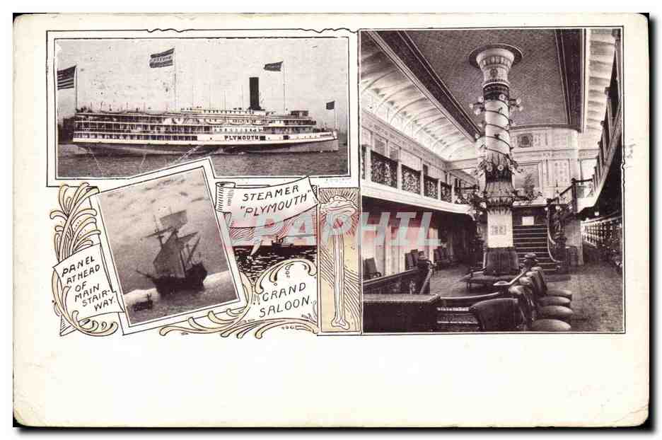 Steamer "Plymouth" — vue du navire, du grand salon et du panneau d'entrée — éditeur non identifié