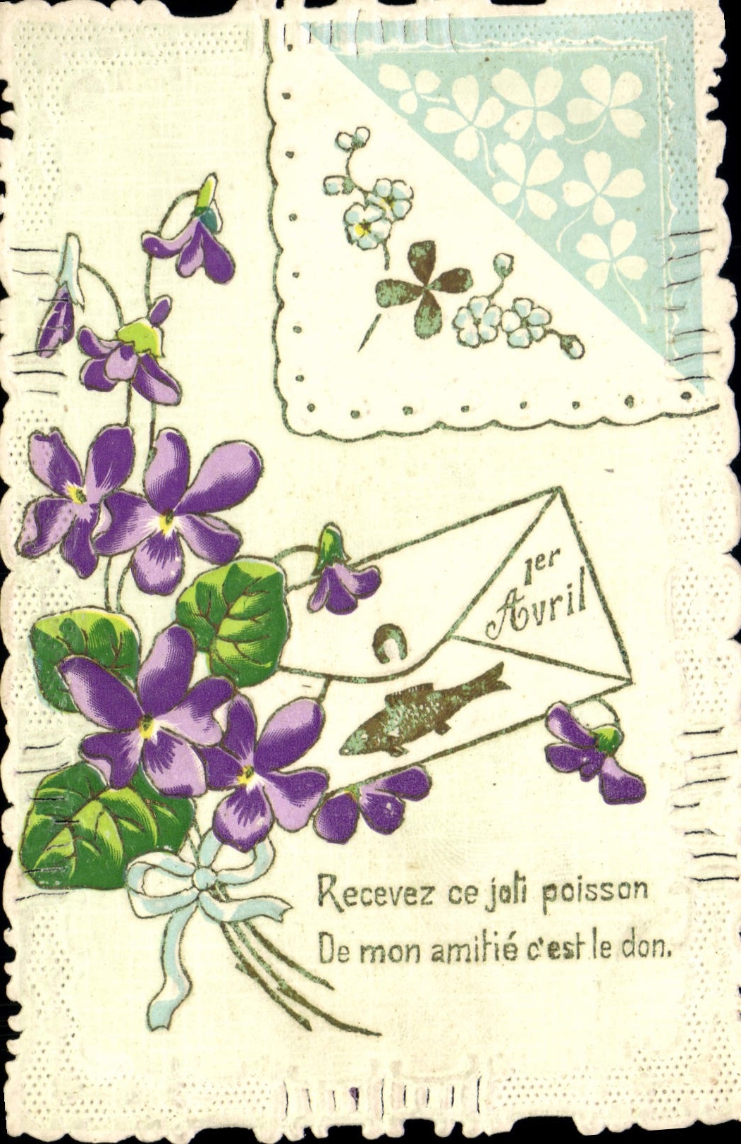 Violine e pesce — 1° Aprile — Cartolina postale multilingue