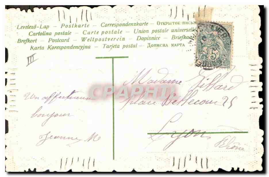 Violine e pesce — 1° Aprile — Cartolina postale multilingue — Verso