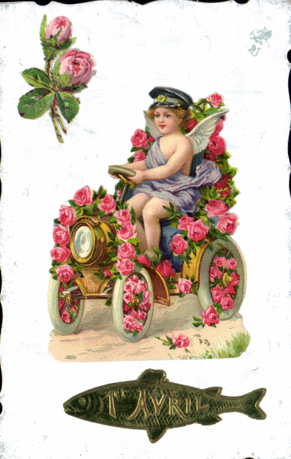 Cupidon au volant d'une voiture décorée de roses — 1er avril — éditeur non identifié
