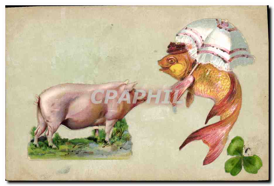 Pig et poisson doré — scène humoristique — éditeur non visible