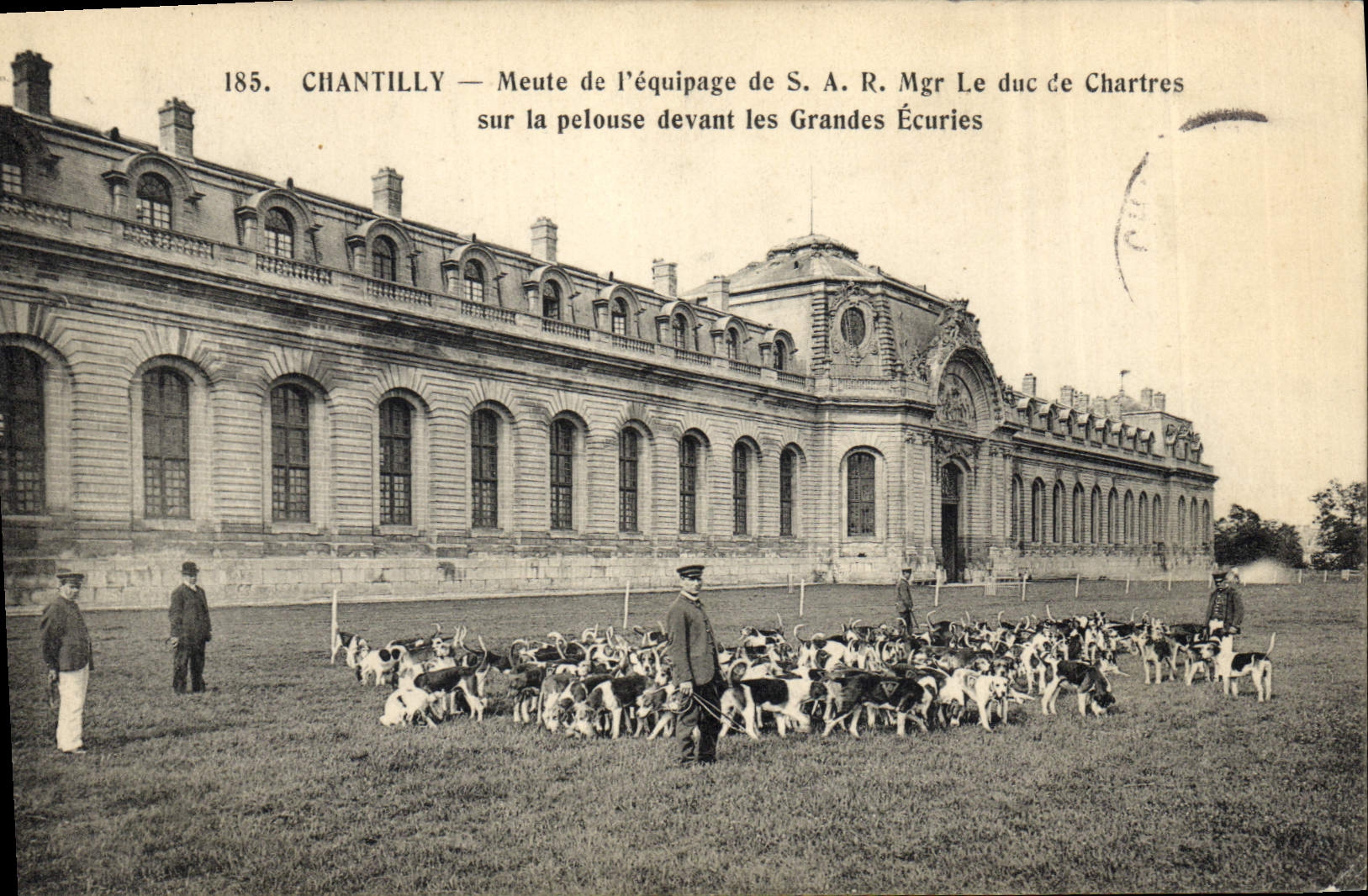 Chantilly — Meute de l'équipage de S.A.R. Le duc de Chartres sur la pelouse devant les Grandes Écuries — Hélio. A. Bourdier, Versailles
