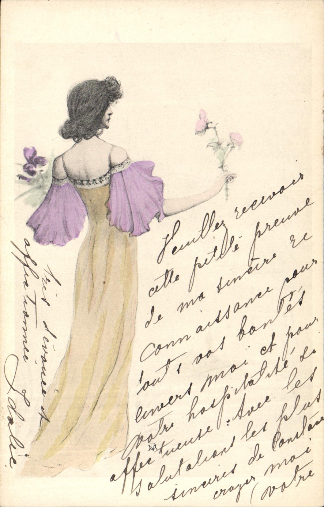 Femme en robe violette — illustration — éditeur inconnu