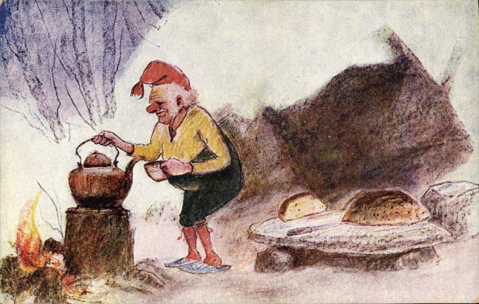 Gnome préparant du thé — illustration — M. & Co. — Série 2061