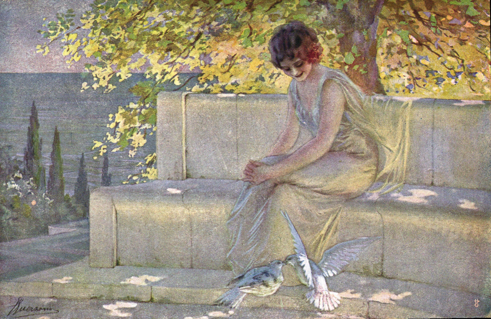 Femme avec colombe — scène de jardin — éditeur Caroline Postale, série 1009