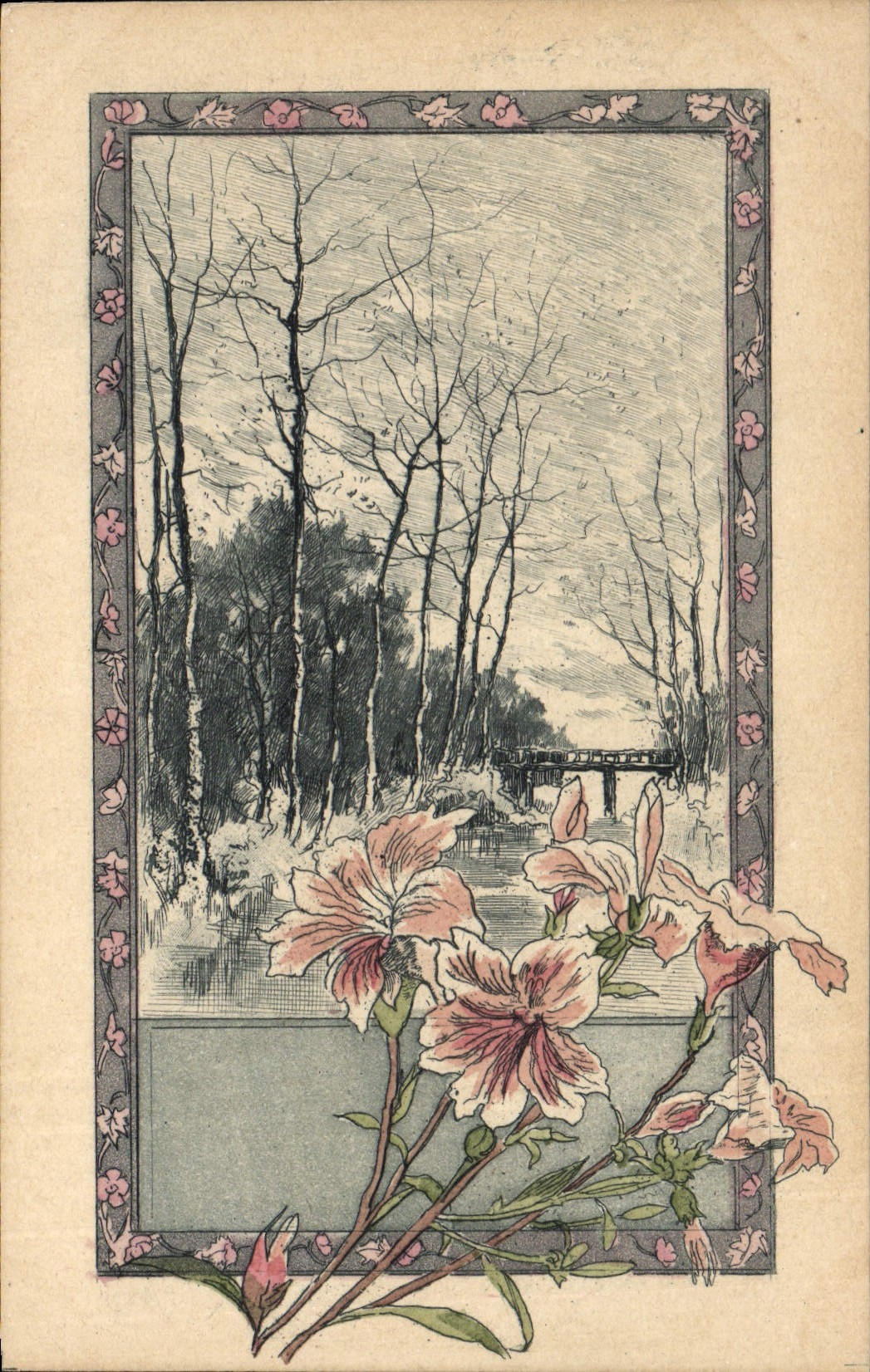 Paisaje invernal con puente — ilustración enmarcada por flores — editor no identificado