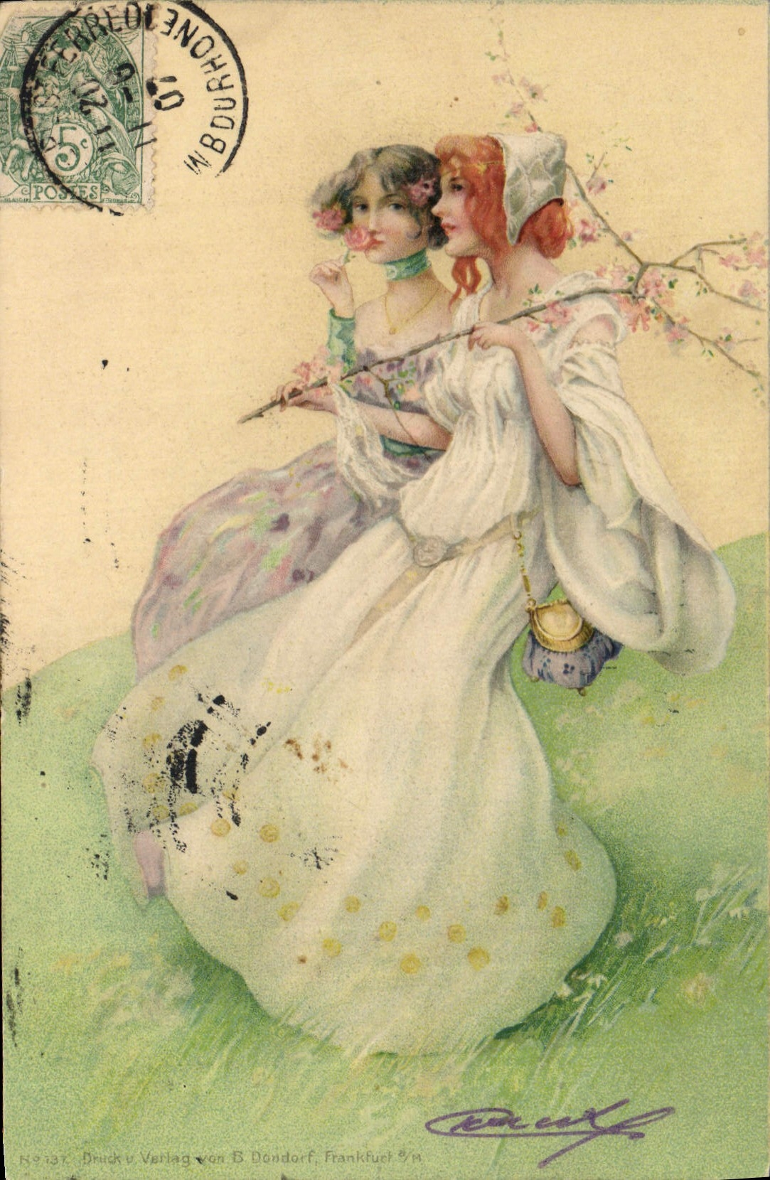 Deux jeunes femmes sous des branches de cerisier — Druck u. Verlag von B. Dondorf, Frankfurter Straße 9 — n° 197