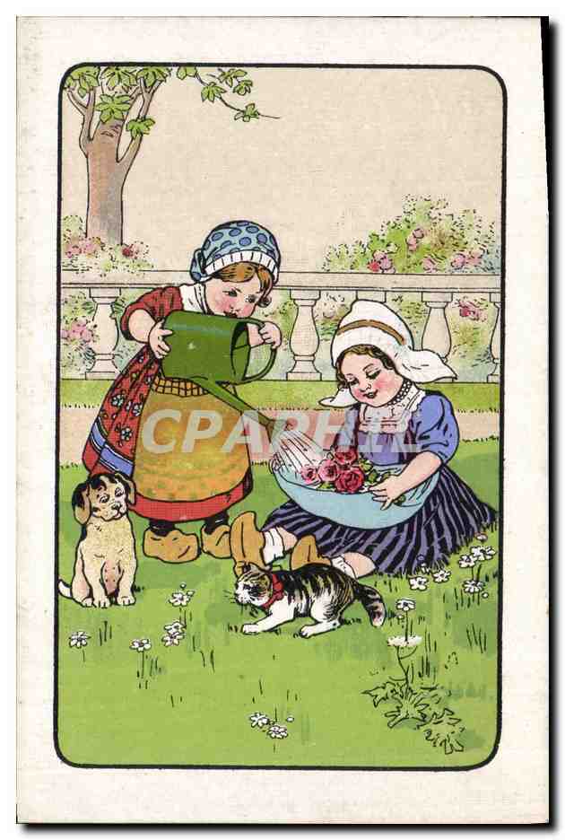 CPA Fantaisie Enfants Chien Chat Chaton 