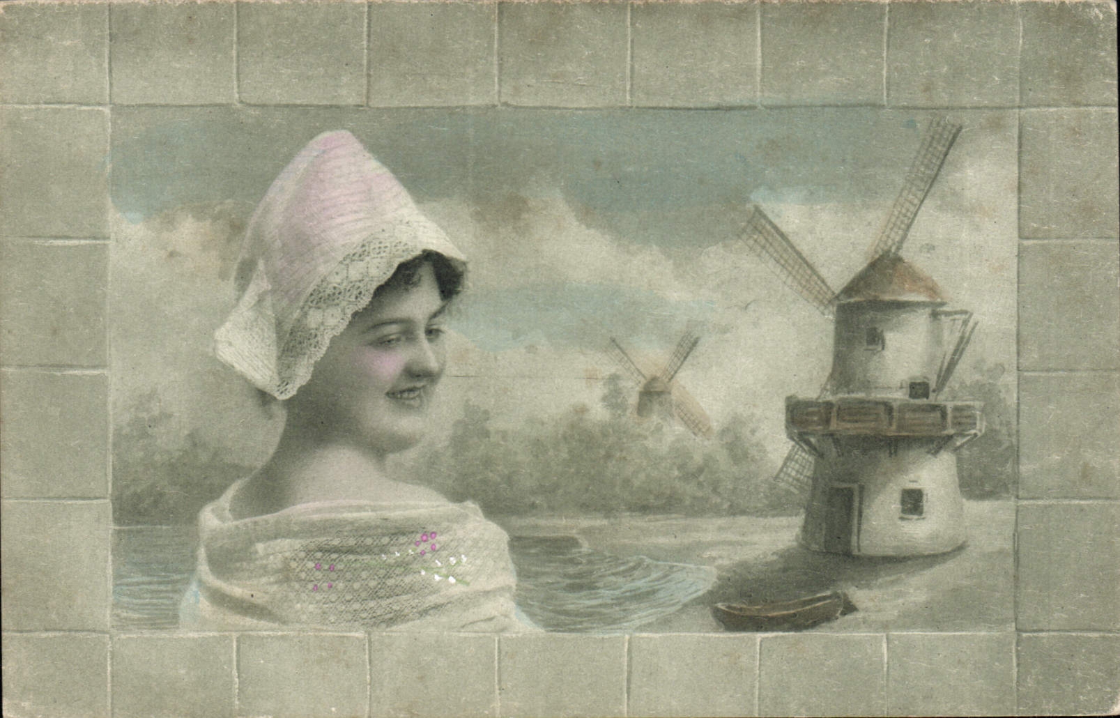 Femme en bonnet à motifs — moulin à vent — éditeur non visible