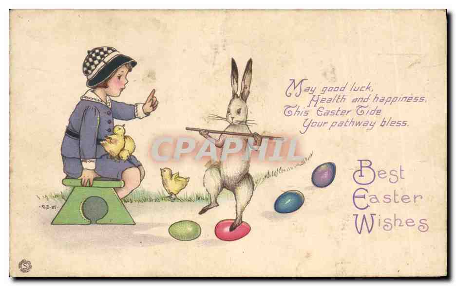CPA Fantaisie Enfant Lapin Poussins 
