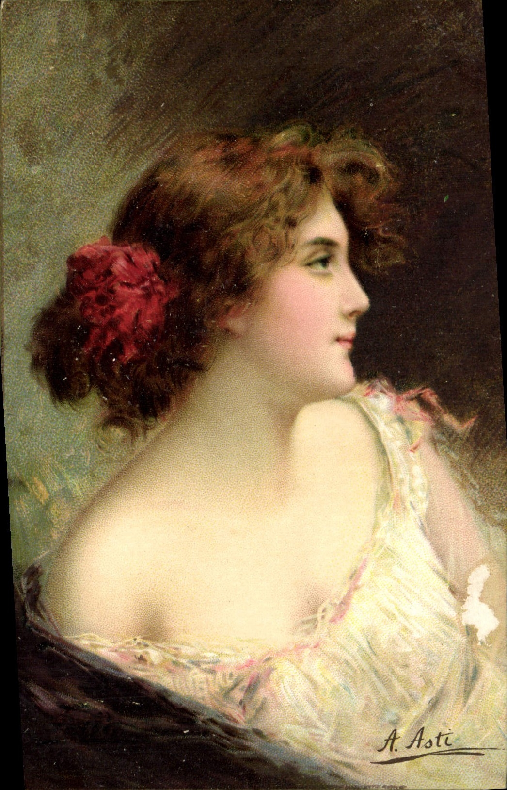Jeune femme au ruban rouge — portrait de style académique — A. Asti, Série 1292, K. F. Éditeurs, Paris