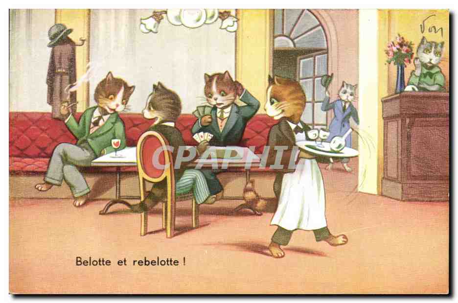 CPA Chats chat Chaton Cartes Belotte et rebelotte 