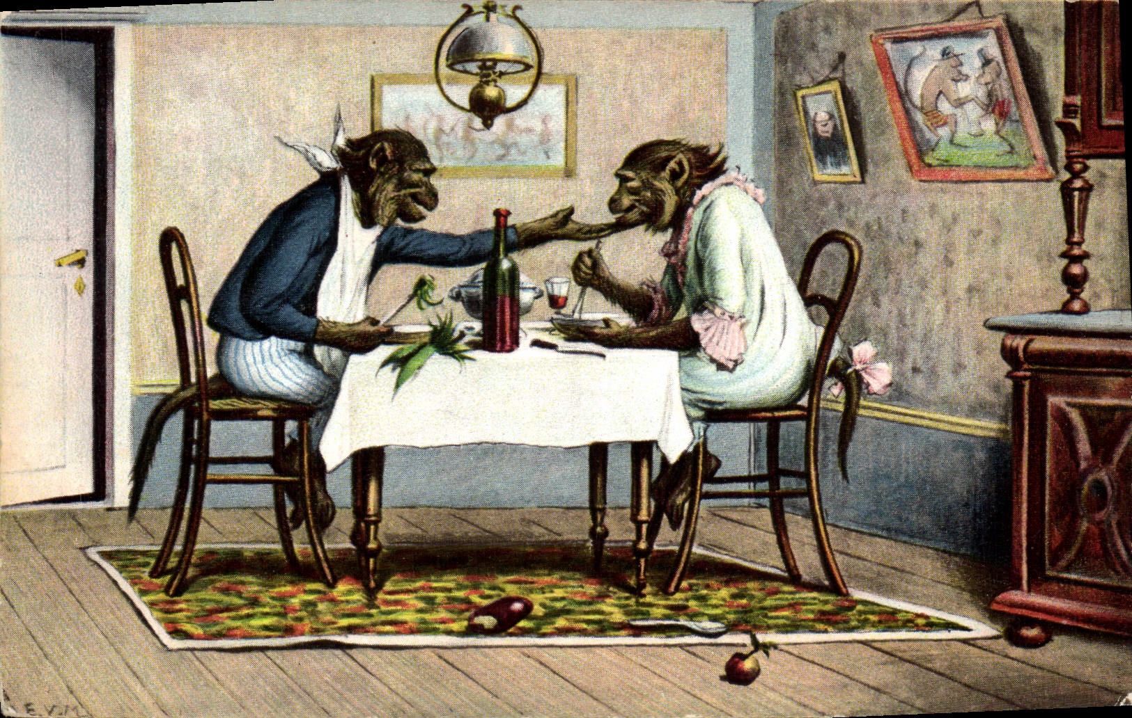 Deux singes à table — scène humoristique — éditeur E.V.M. n° 1151
