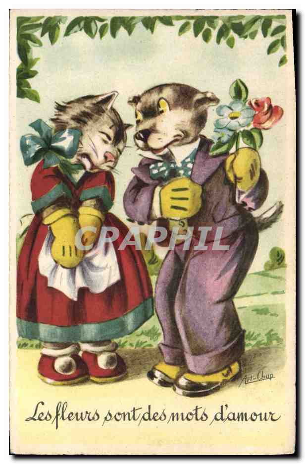 CPA Les fleurs sont des mots d'amour Chien Chat 