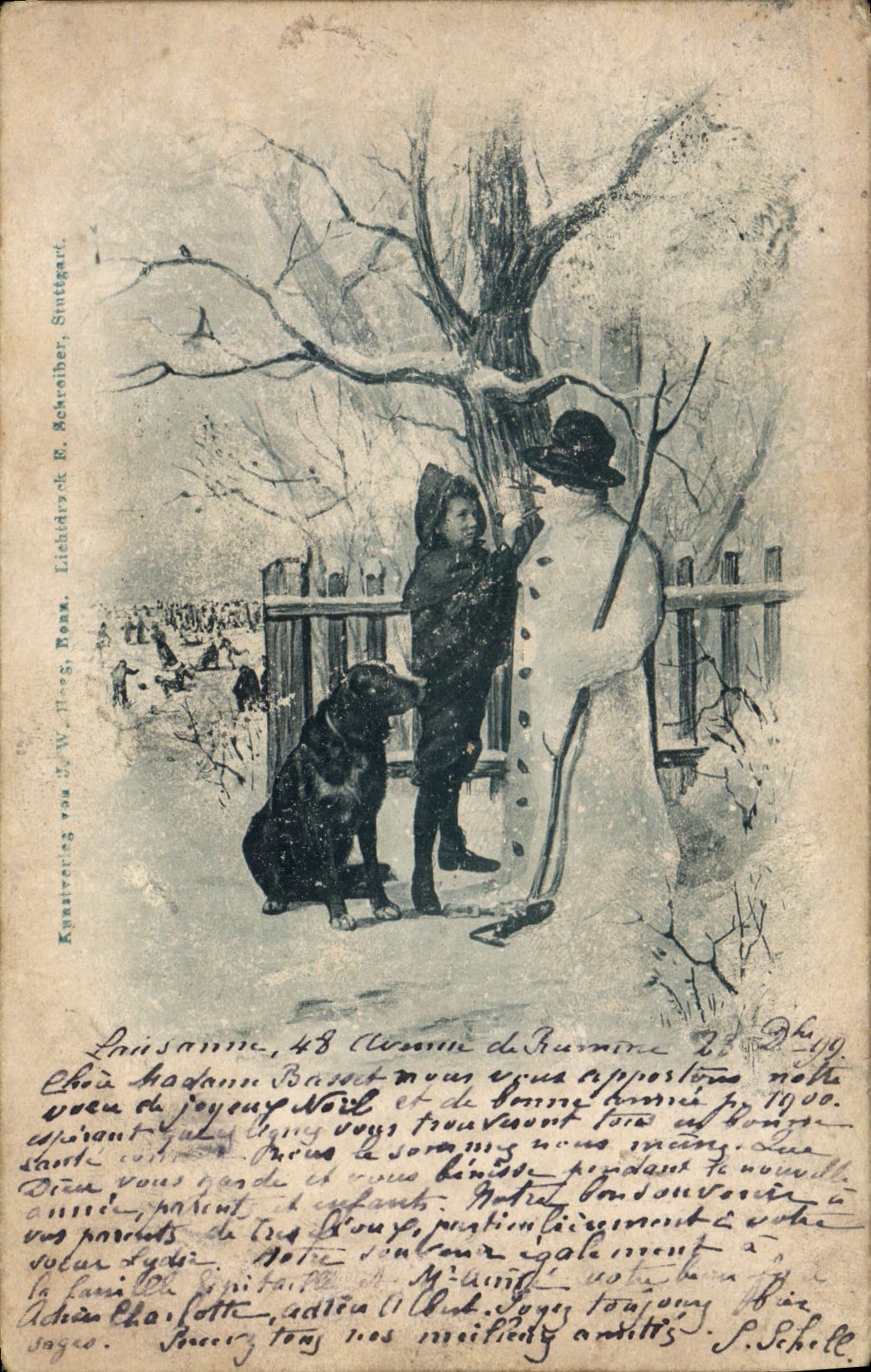 Enfants construisant un bonhomme de neige — illustration — éditeur J.W. Hase, Stuttgart